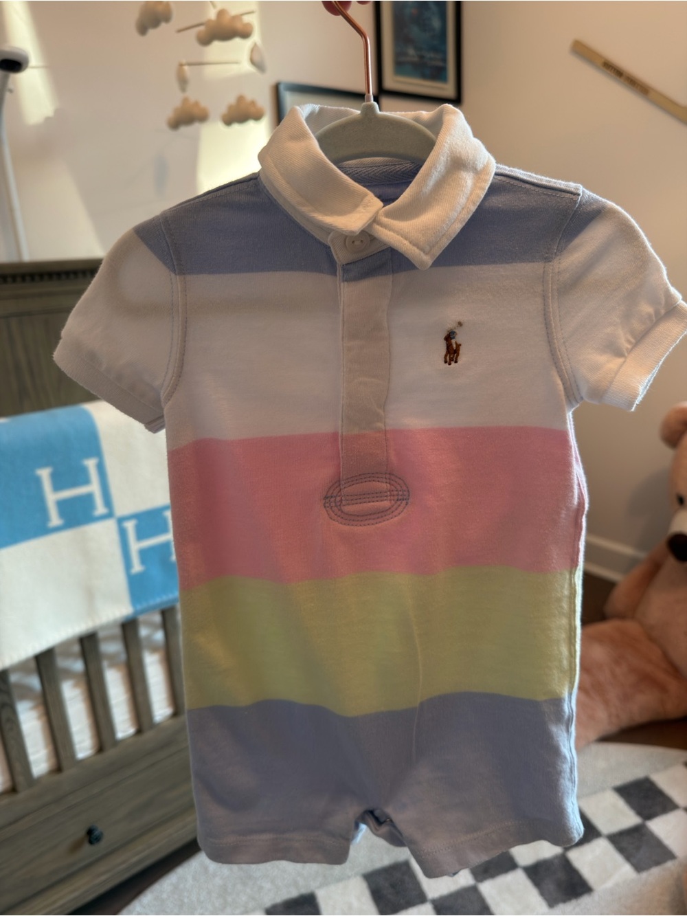 Ralph Lauren Pastel Striped Polo Romper in Blue, Pink, Yellow, White